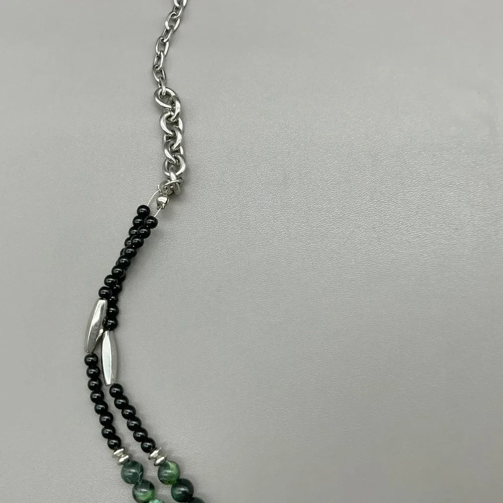 Chicos Beaded Layered Necklace Black Silver Tone Green Multi Strand Statement